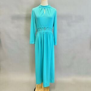 Vintage 60s/70s‎ Turquoise Blue Keyhole Front Maxi Dress High Neck Size 18